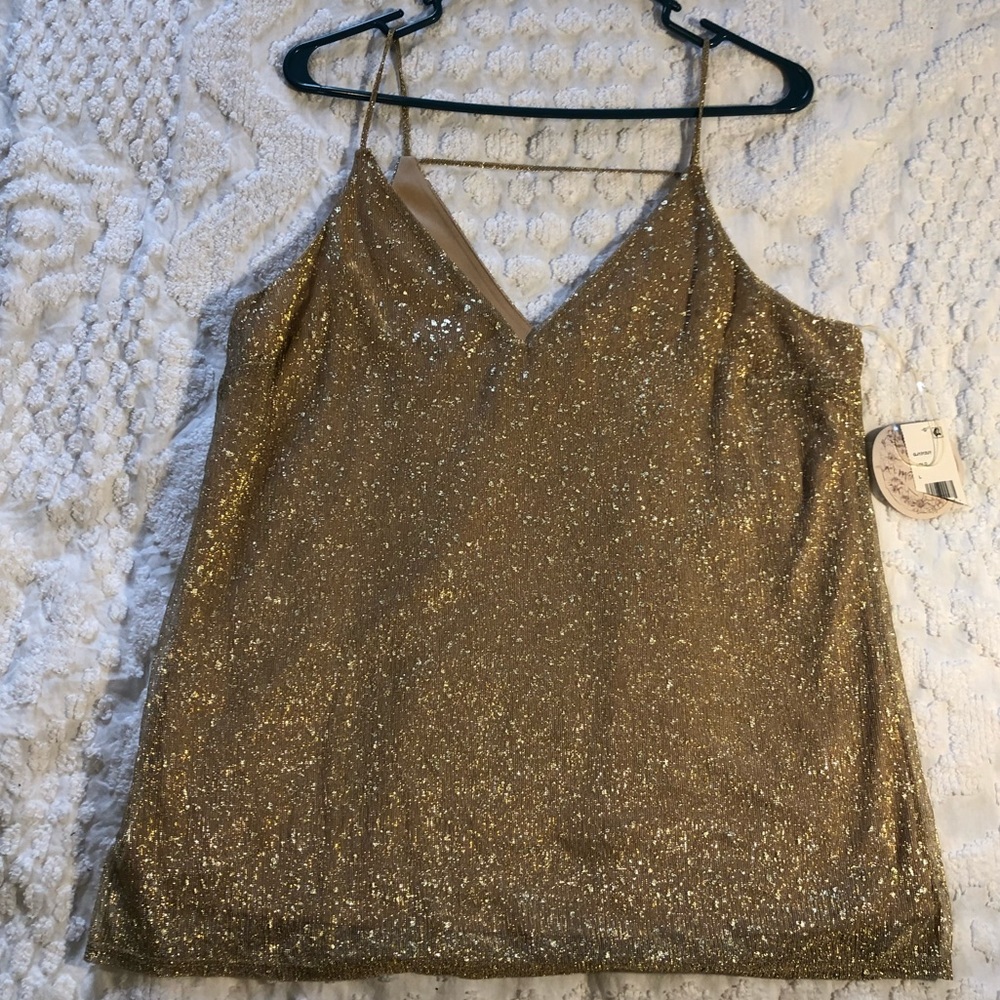 NWT Gypsies & Moondust gold metallic tank top size large fully lined thin straps